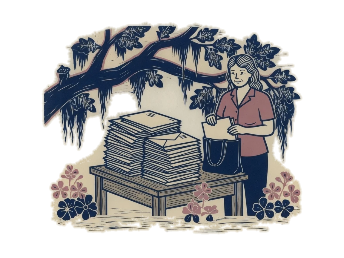 Woodblock print of stacked folders on a desk and a woman packing a tote