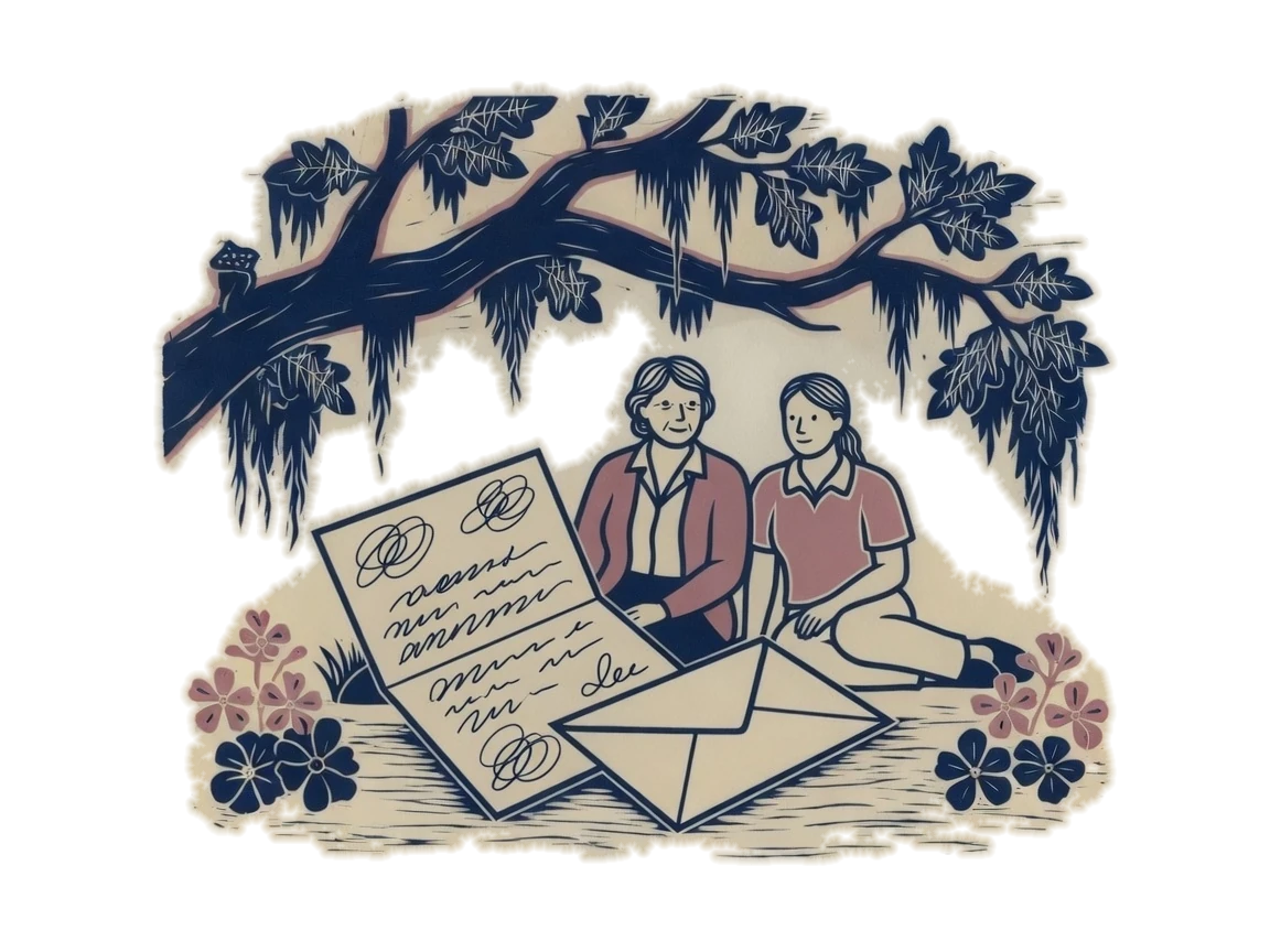 Woodblock print of an open letter and envelope with a mother and adult daughter