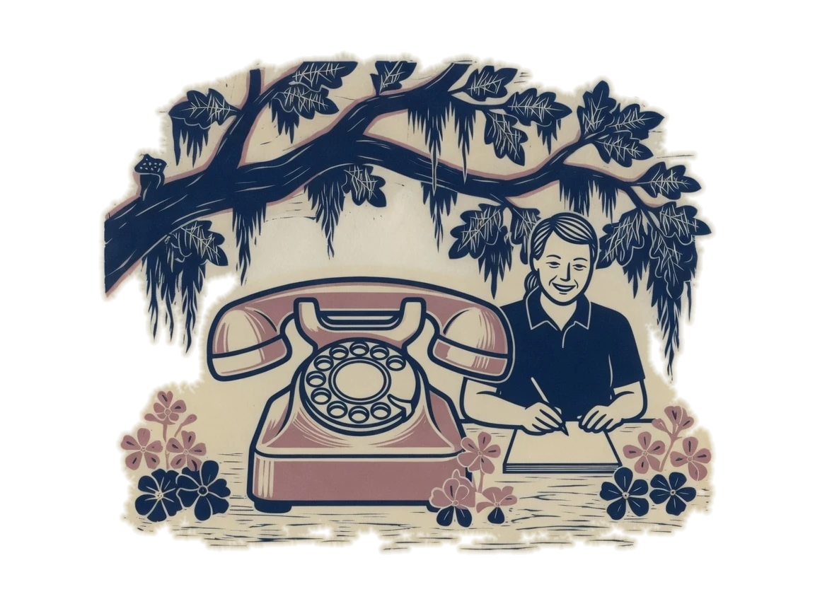 Woodblock print of a large desk telephone and a coordinator writing