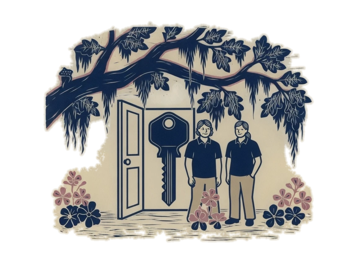Woodblock print of a house key in an open door and two aides at the threshold