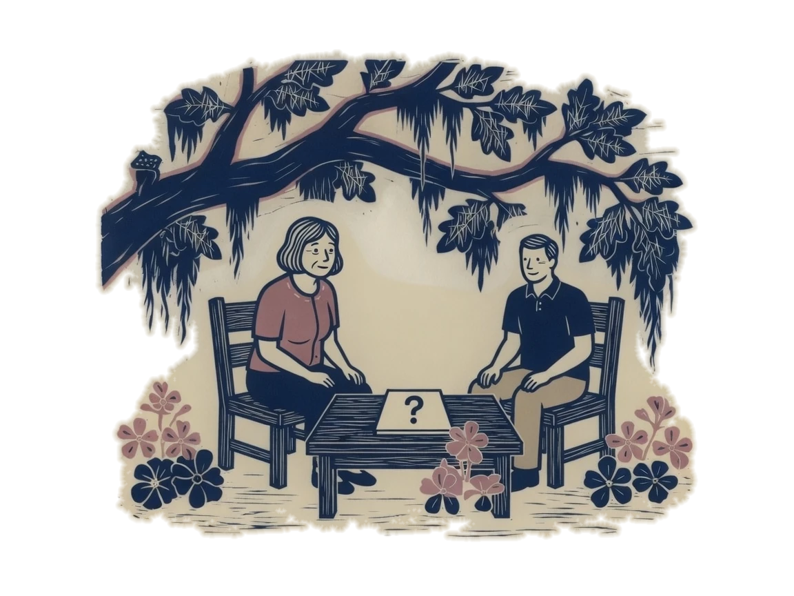 Woodblock print of two people in chairs with a notepad marked by a question mark