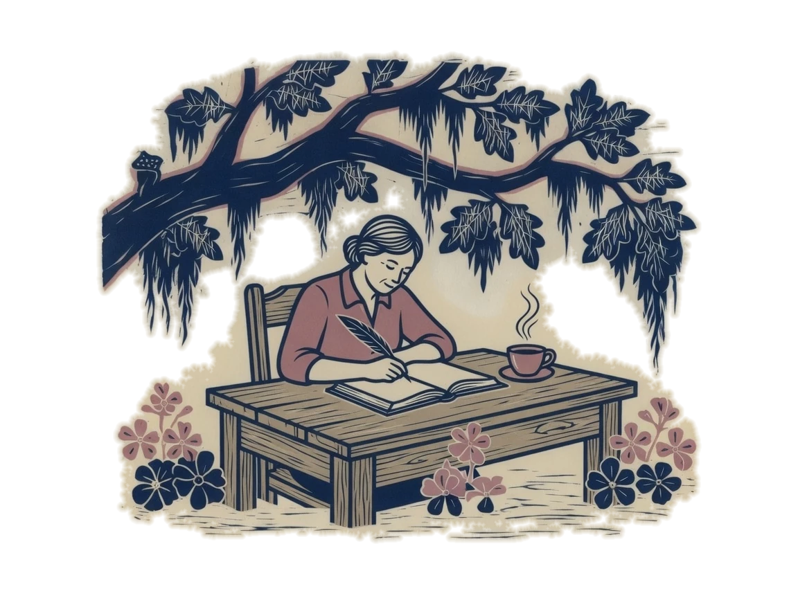 Woodblock print of a woman writing in an open book at a desk